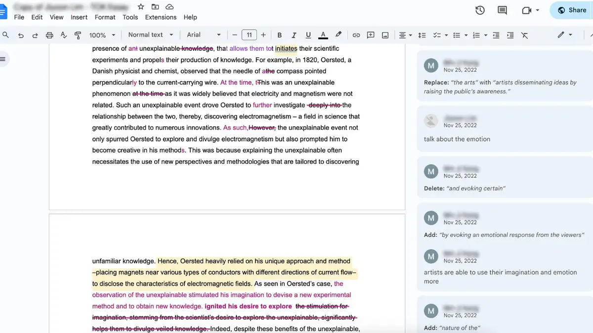 1차 초안 피드백 예시: Google Docs의 첨삭과 코멘트